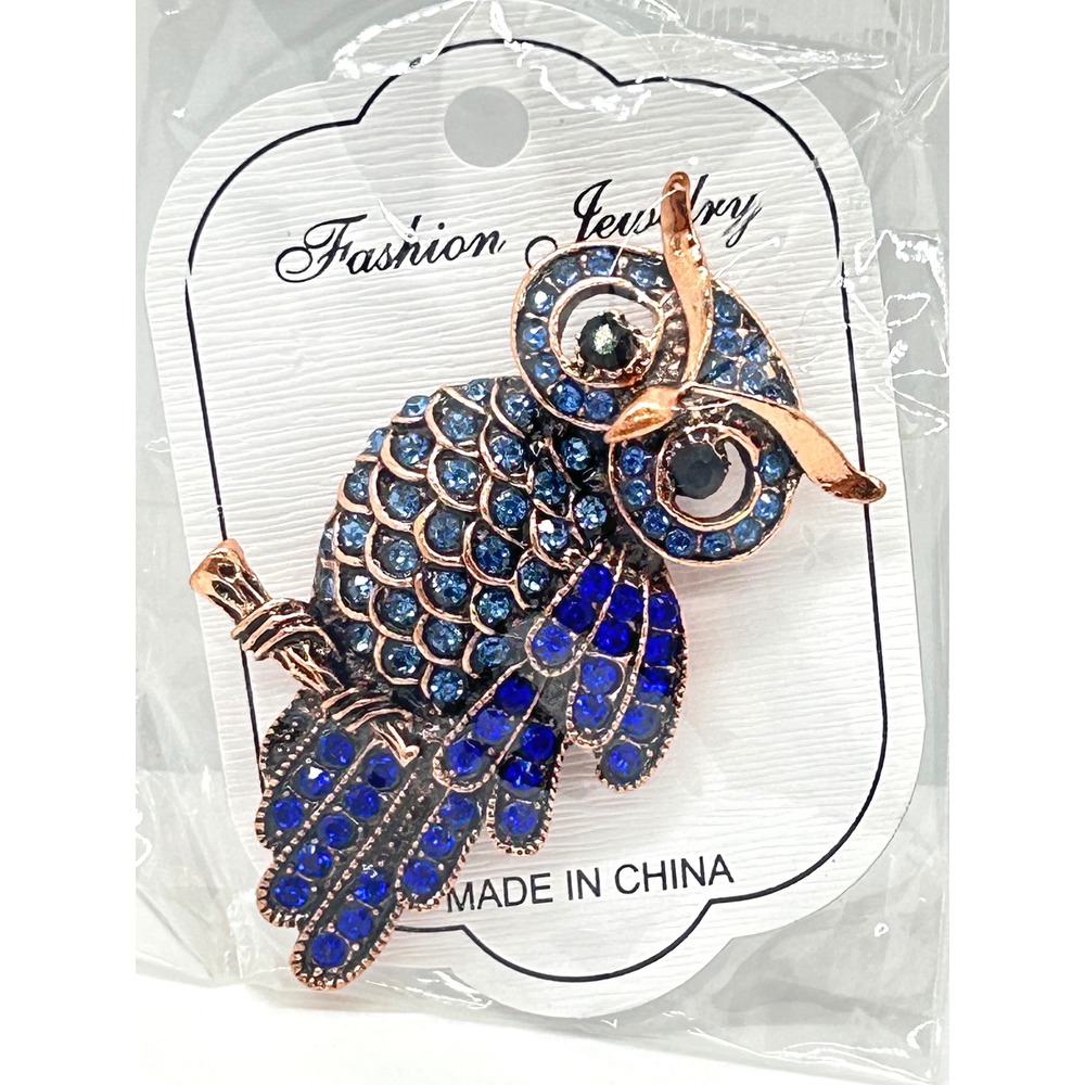 Blue Rhinestone Owl Brooch Copper Tone Vintage Style Bird Pin Fashion Jewelry